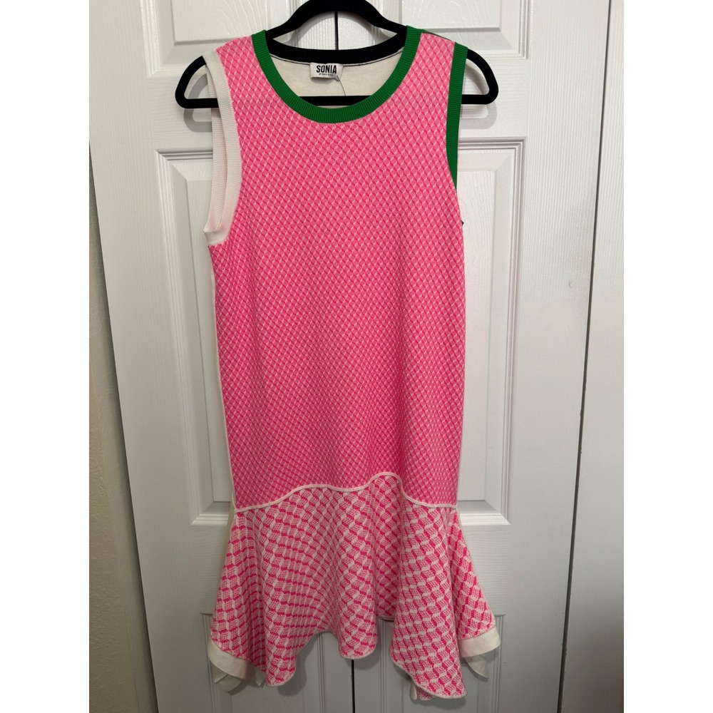 Sonia by Sonia Rykiel Women's L Pink Check Knit Dress Preppy Mod Ruffle Hem 2015